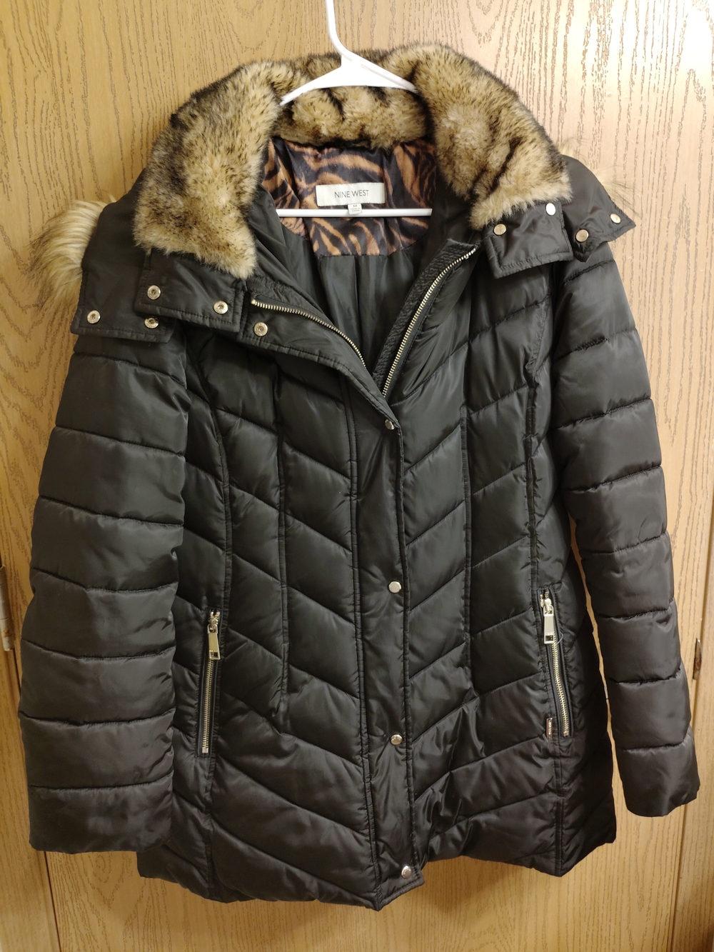 Nine West Black Quilted Puffer Coat with Faux Fur Trimmed Hood